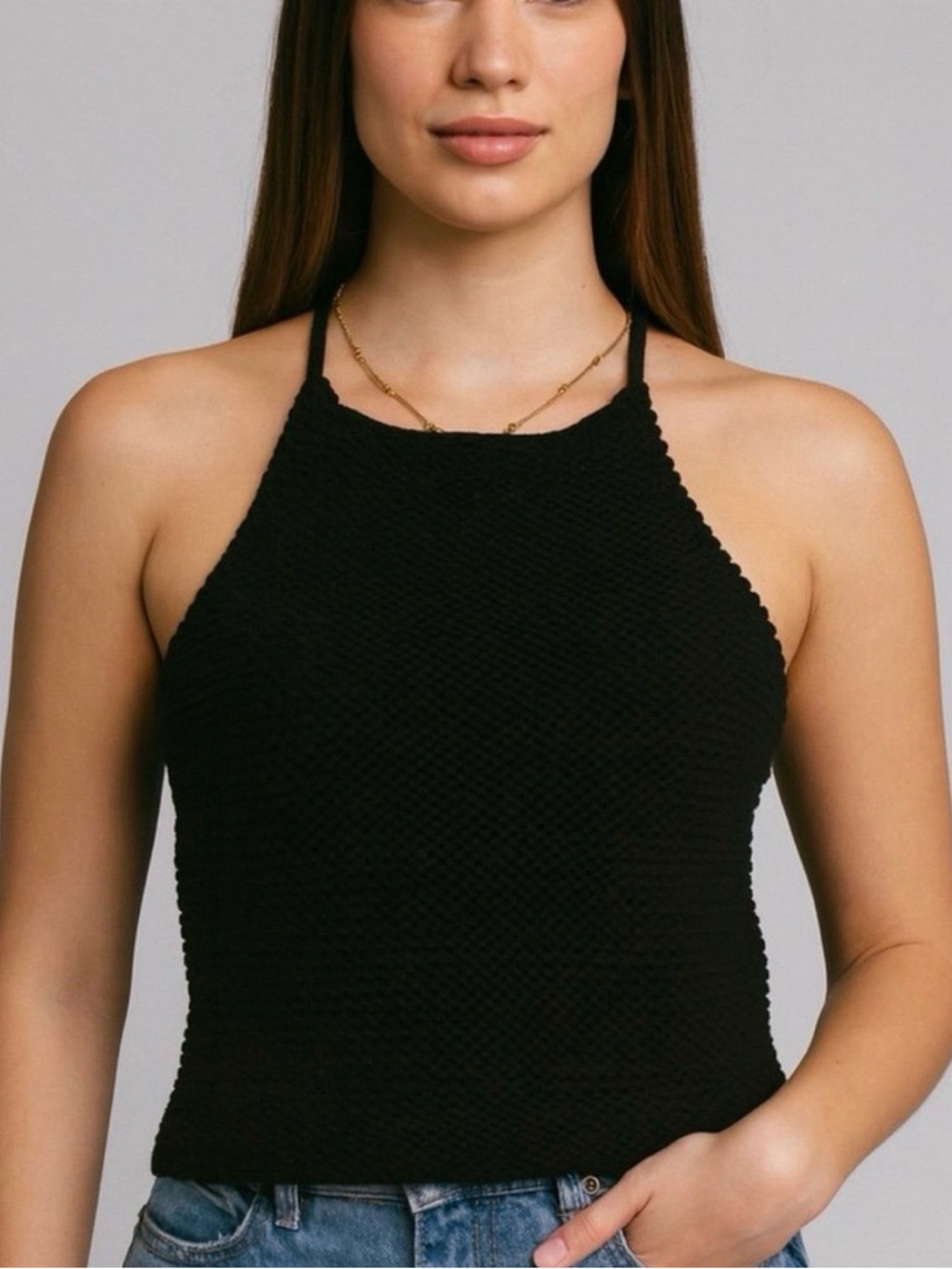 525 America Black Halter Neck Knit Tank Top
